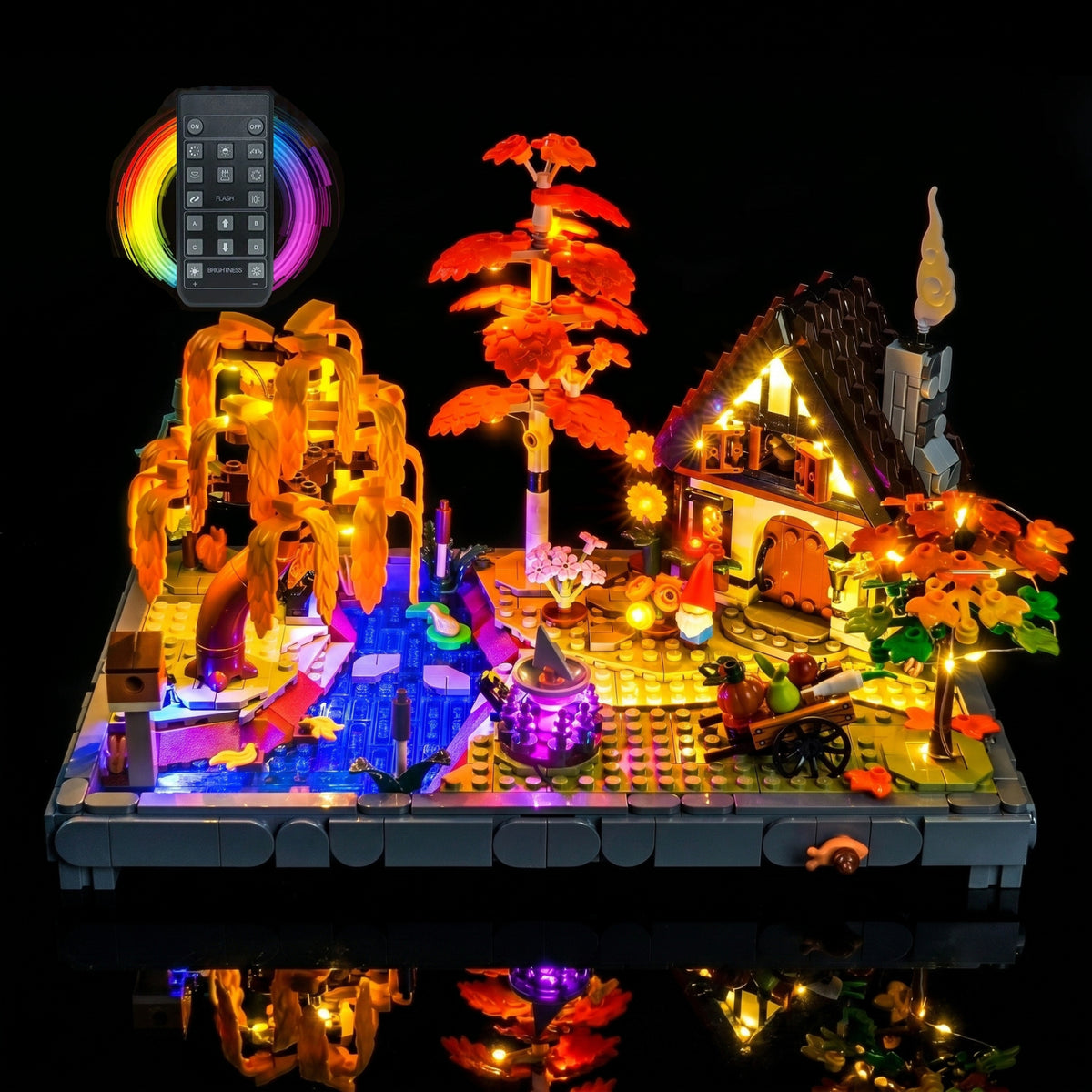 custom LED lighting for LEGO® Icons Autumn Cottage Garden #11372, before-and-after lighting