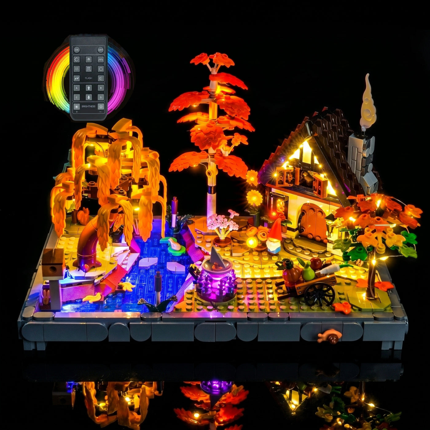 custom LED lighting for LEGO® Icons Autumn Cottage Garden #11372, before-and-after lighting