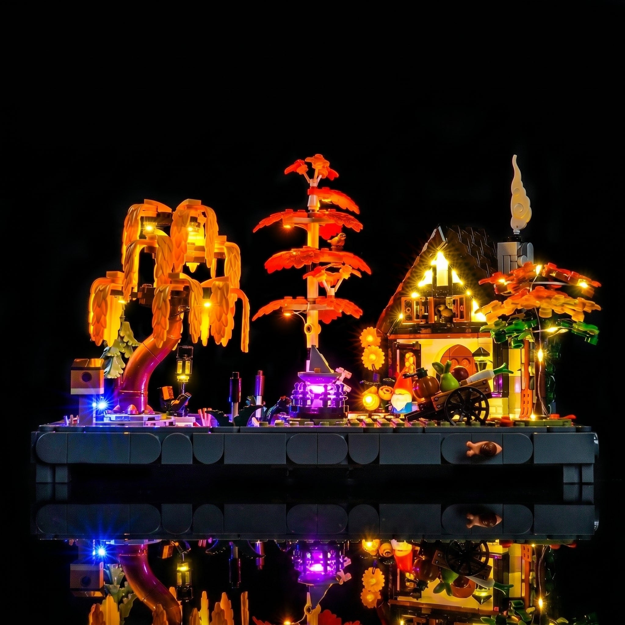 premium LED light kit for LEGO® Icons Autumn Cottage Garden #11372, before-and-after lighting