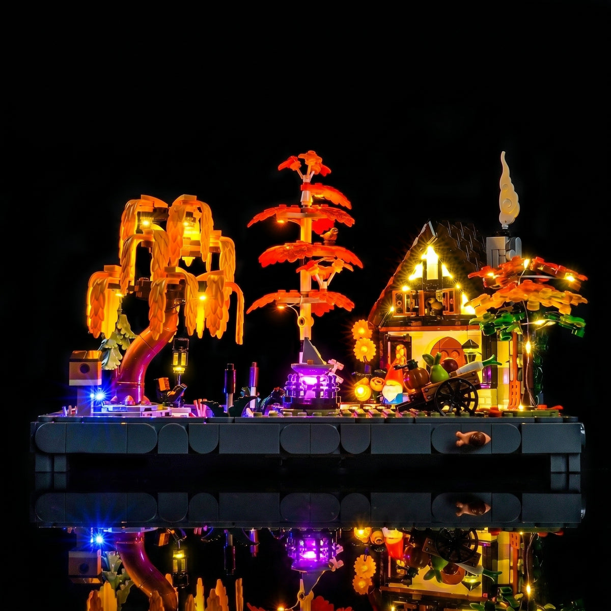 premium LED light kit for LEGO® Icons Autumn Cottage Garden #11372, before-and-after lighting