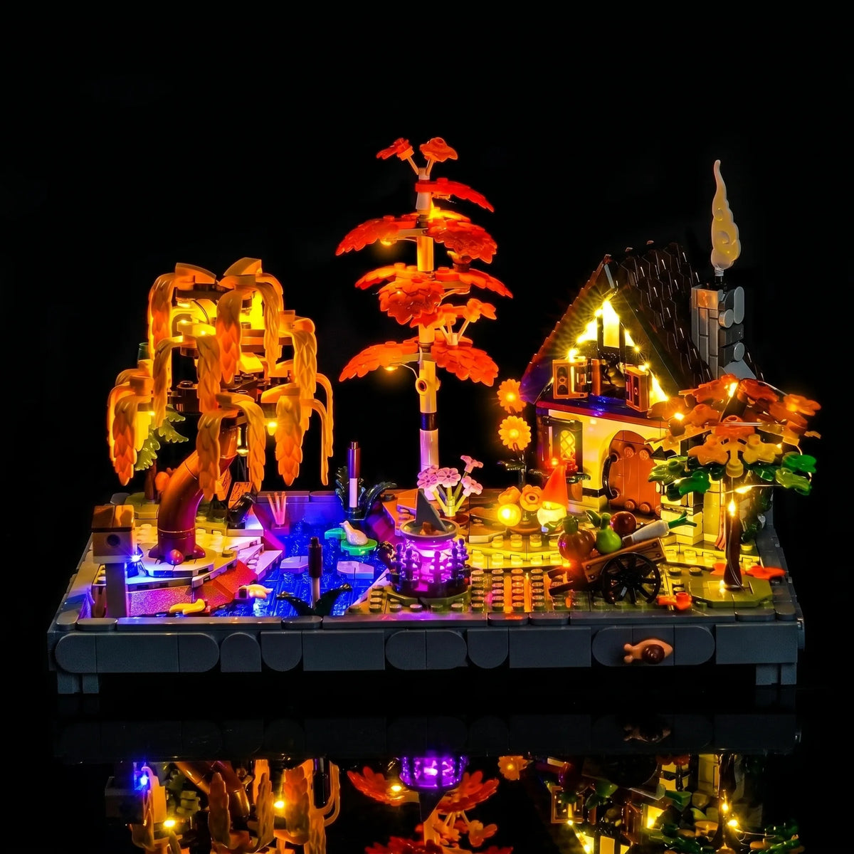 Bright My Bricks display light kit for LEGO® Icons Autumn Cottage Garden #11372 — fully illuminated on display