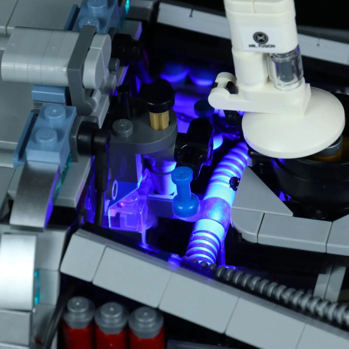 fully illuminated on display: Bright My Bricks LED lighting kit for LEGO® Icons Back to the Future Time Machine #10300