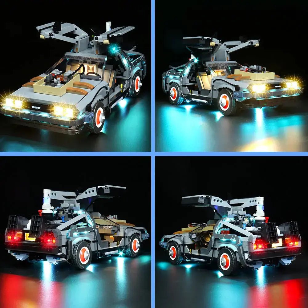 LEGO Icons Back to the Future Time Machine #10300 illuminated at night