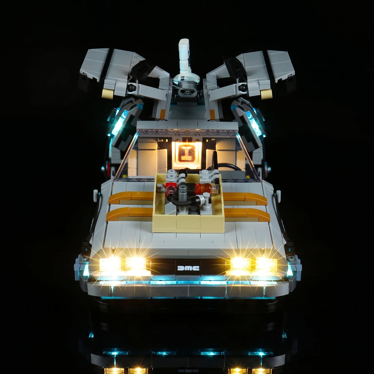 LEGO® Icons Back to the Future Time Machine #10300 night-mode display glow, with the DIY LED light kit