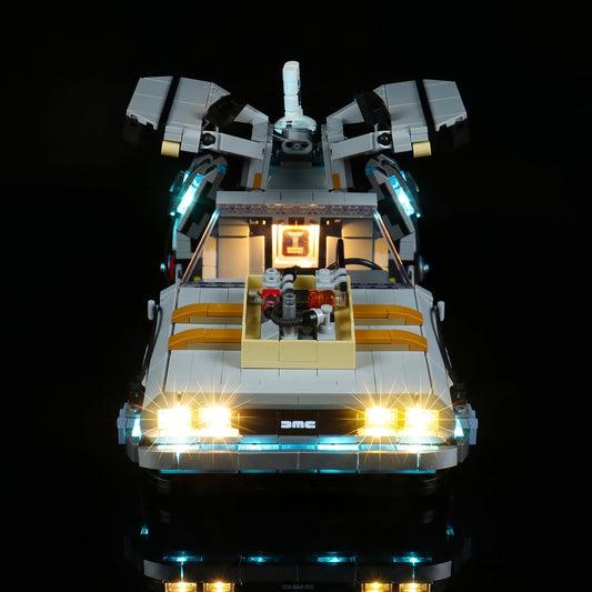 LEGO® Icons Back to the Future Time Machine #10300 night-mode display glow, with the DIY LED light kit