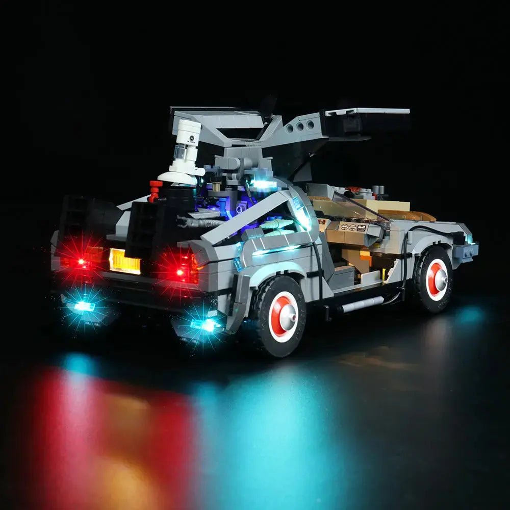 Close-up of LED lights on LEGO Icons Back to the Future Time Machine #10300
