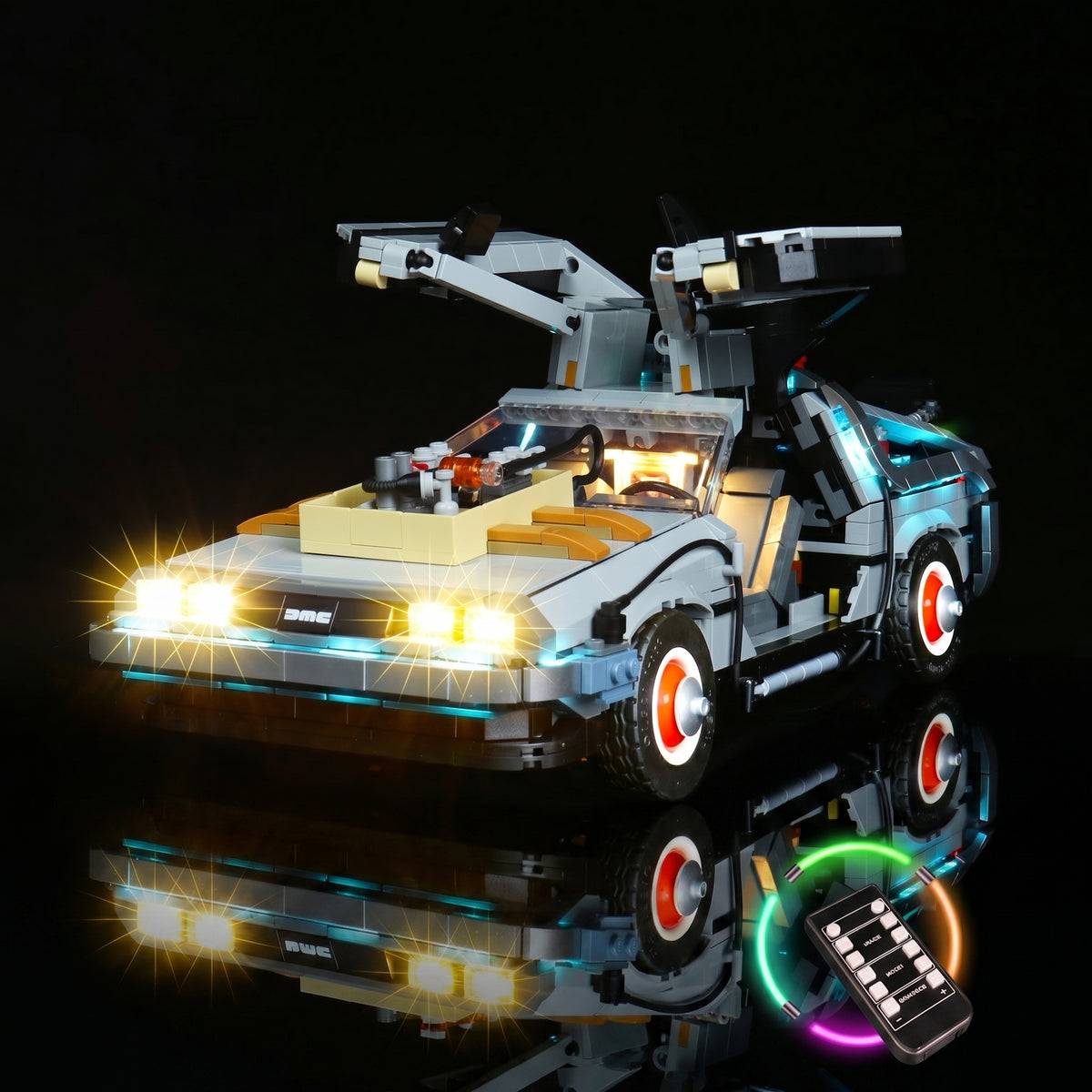 before-and-after lighting: Bright My Bricks USB-powered LED light kit for LEGO® Icons Back to the Future Time Machine #10300