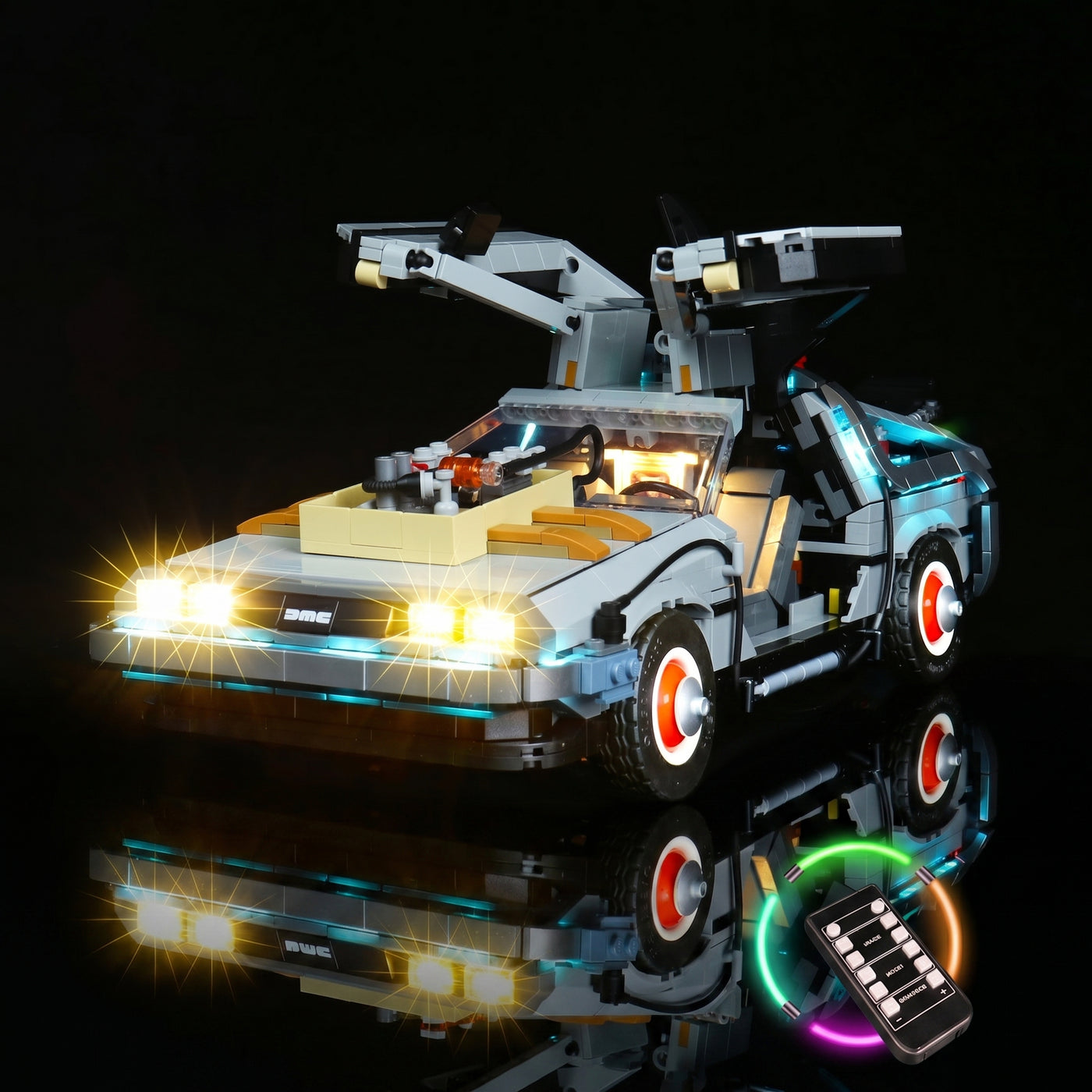 before-and-after lighting: Bright My Bricks USB-powered LED light kit for LEGO® Icons Back to the Future Time Machine #10300