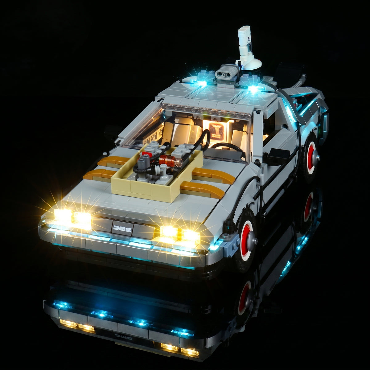 illuminated at night: Bright My Bricks display light kit for LEGO® Icons Back to the Future Time Machine #10300