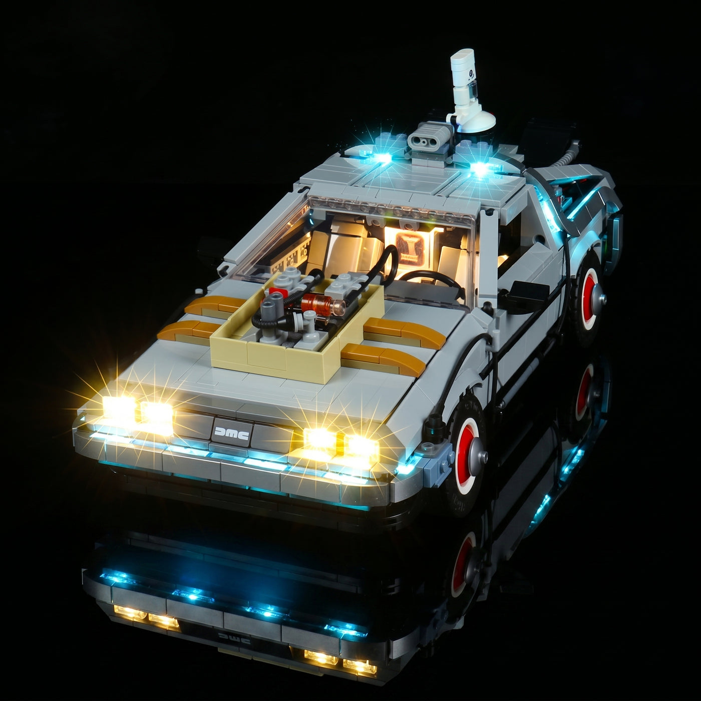 illuminated at night: Bright My Bricks display light kit for LEGO® Icons Back to the Future Time Machine #10300