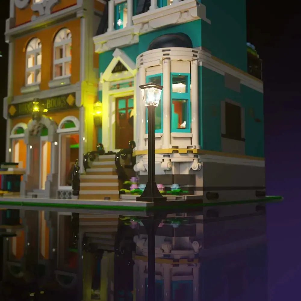 LEGO Icons Bookshop #10270 illuminated at night