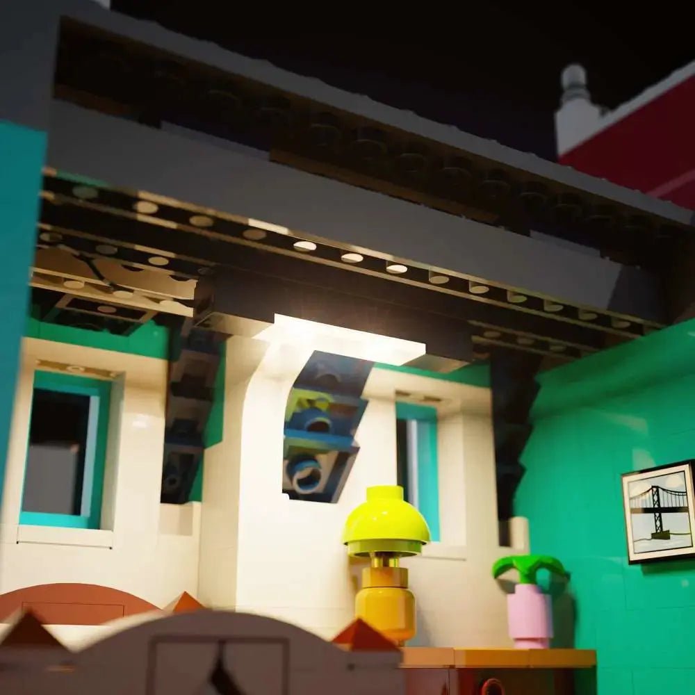 Close-up of LED lights on LEGO Icons Bookshop #10270