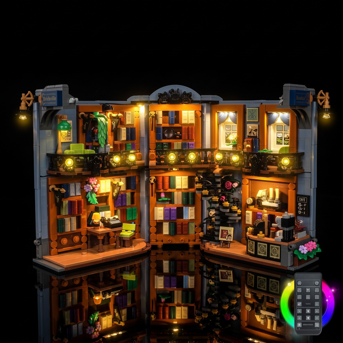 Télécommande près du LEGO® La librairie : book nook #11379 illuminé pour régler facilement l’éclairage