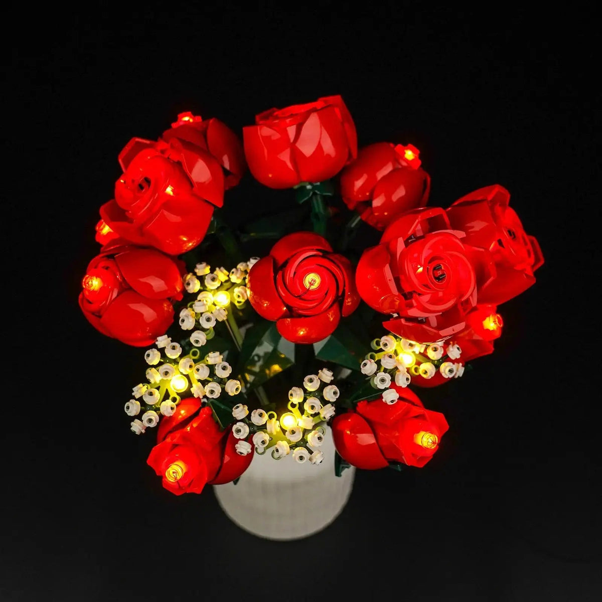 LEGO® Icons Bouquet of Roses #10328 warm LED glow detail, with the light kit