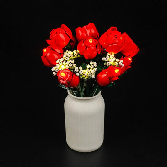 LEGO® Icons Bouquet of Roses #10328 illuminated at night, with the LED light kit