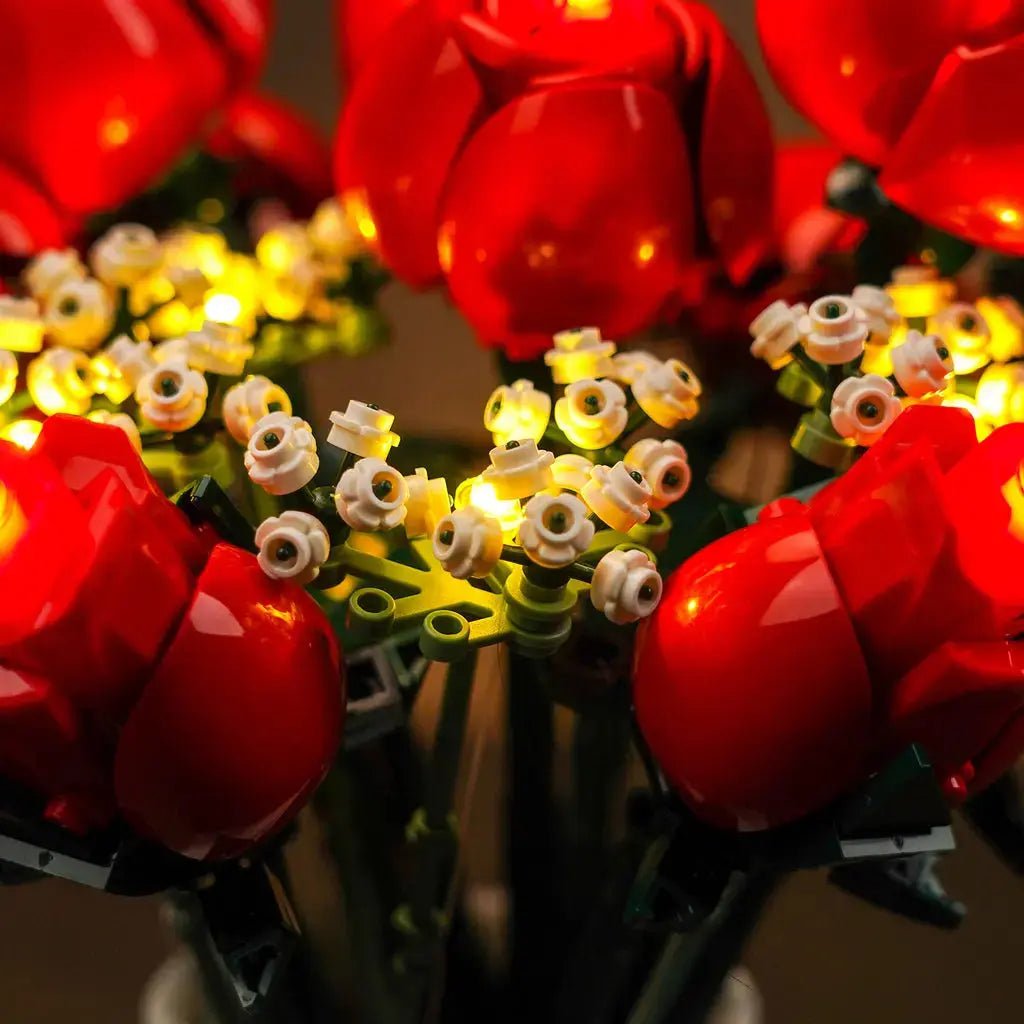 LEGO® Icons Bouquet of Roses #10328 showcase lighting view, with the custom LED lighting