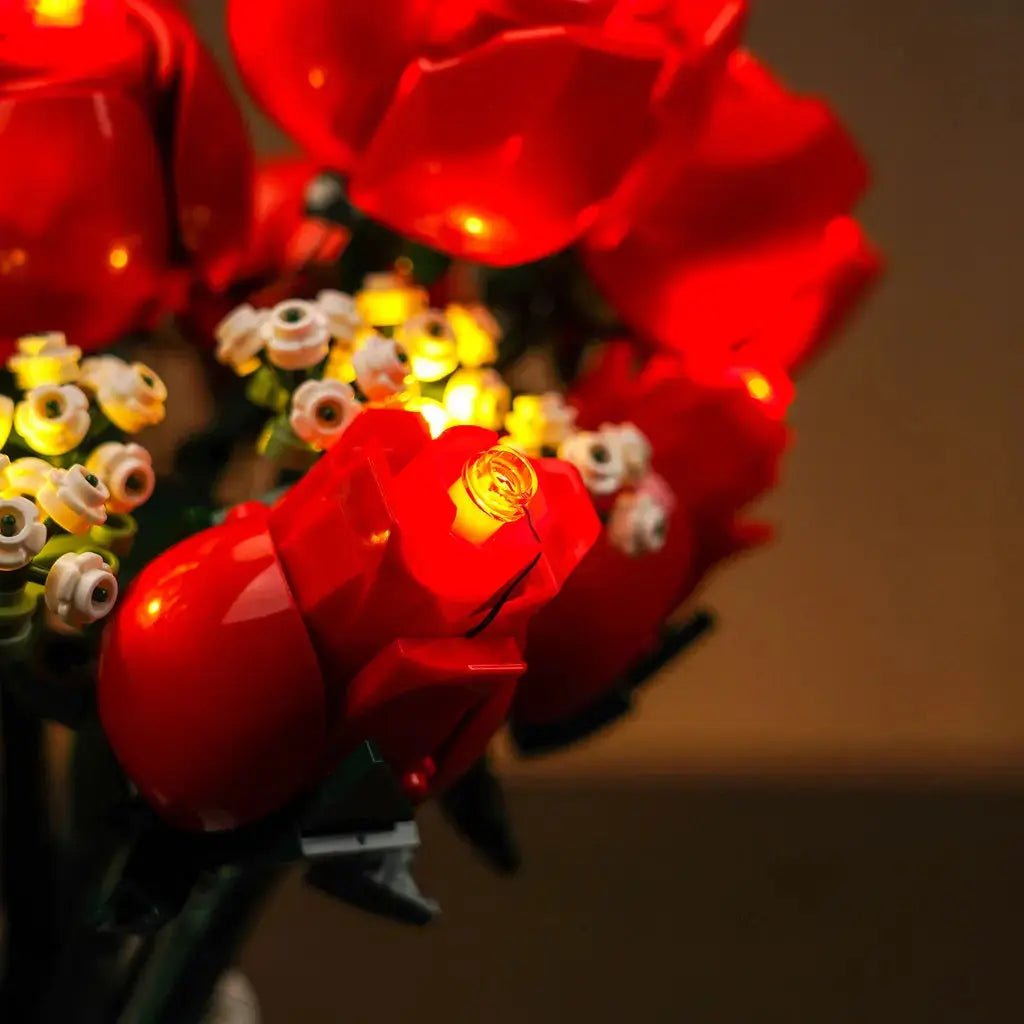 custom LED lighting for LEGO® Icons Bouquet of Roses #10328, before-and-after lighting