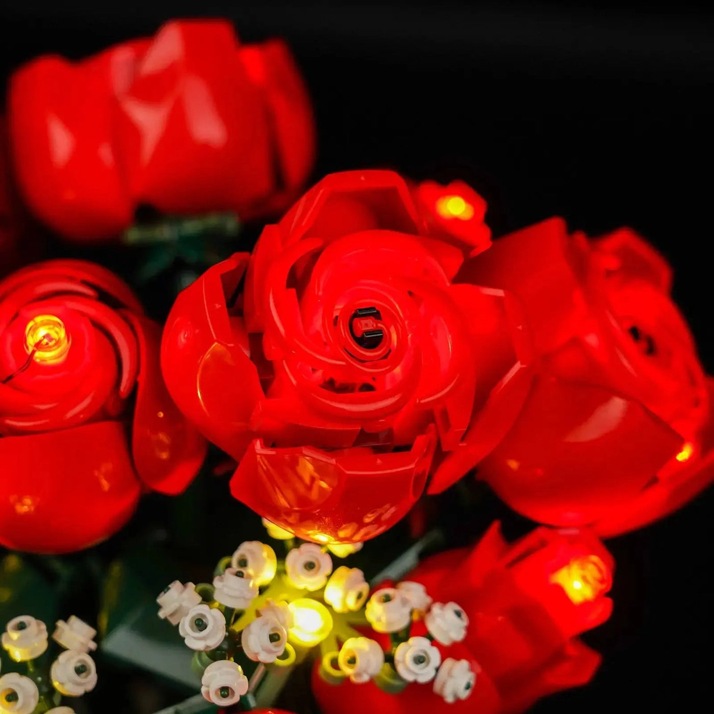 warm LED glow detail: Bright My Bricks custom LED lighting for LEGO® Icons Bouquet of Roses #10328