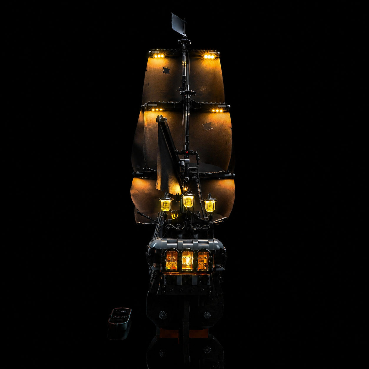 side angle with lights on: Bright My Bricks premium LED light kit for LEGO® Icons Captain Jack Sparrow's Pirate Ship #10365