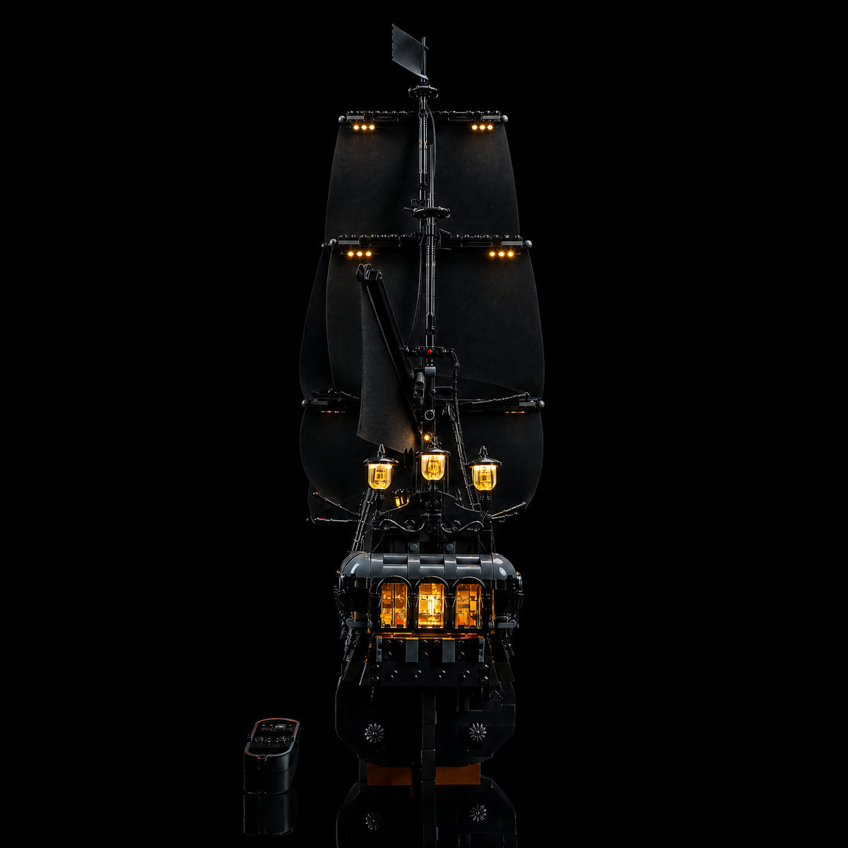 side angle with lights on: Bright My Bricks premium LED light kit for LEGO® Icons Captain Jack Sparrow's Pirate Ship #10365