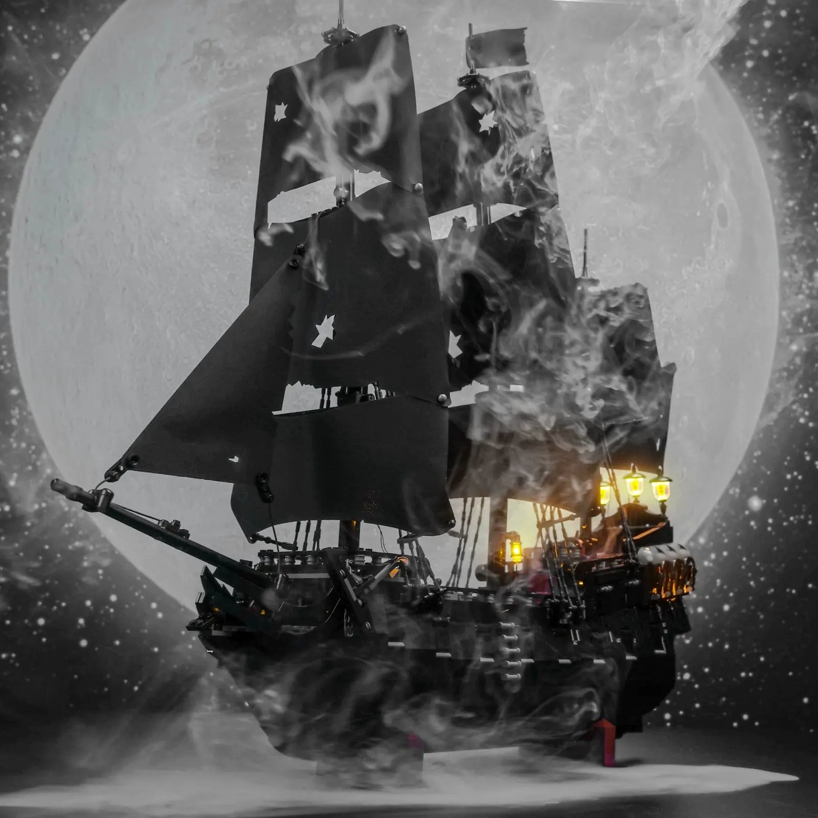 LEGO Icons Captain Jack Sparrow's Pirate Ship #10365 illuminated at night