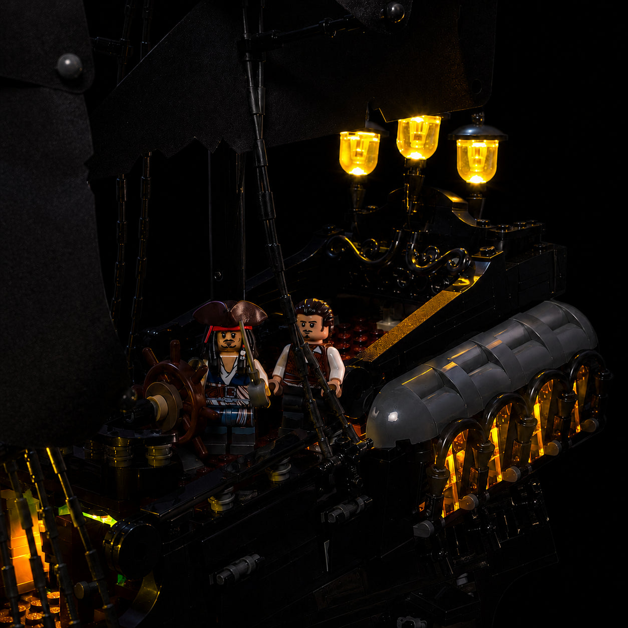 LED light kit for LEGO® Icons Captain Jack Sparrow's Pirate Ship #10365, side angle with lights on