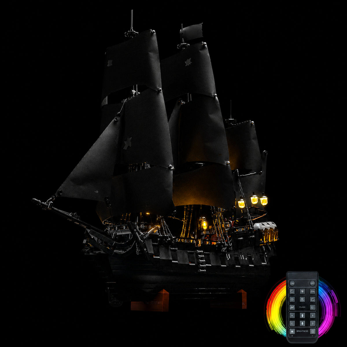 LED lighting kit for LEGO® Icons Captain Jack Sparrow's Pirate Ship #10365, fully illuminated on display