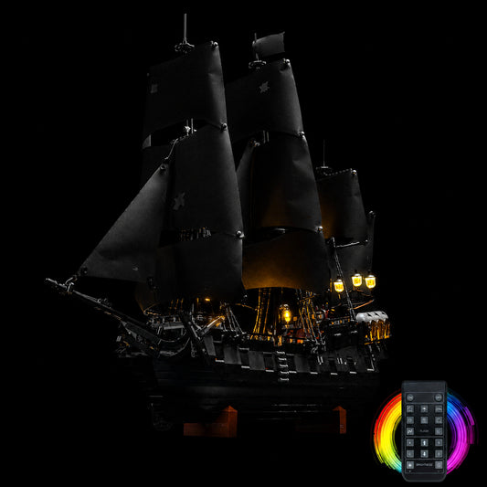 LED lighting kit for LEGO® Icons Captain Jack Sparrow's Pirate Ship #10365, fully illuminated on display