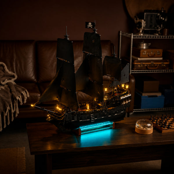 LEGO® Icons Captain Jack Sparrow's Pirate Ship #10365 — display lighting in a dark room (LED lights)