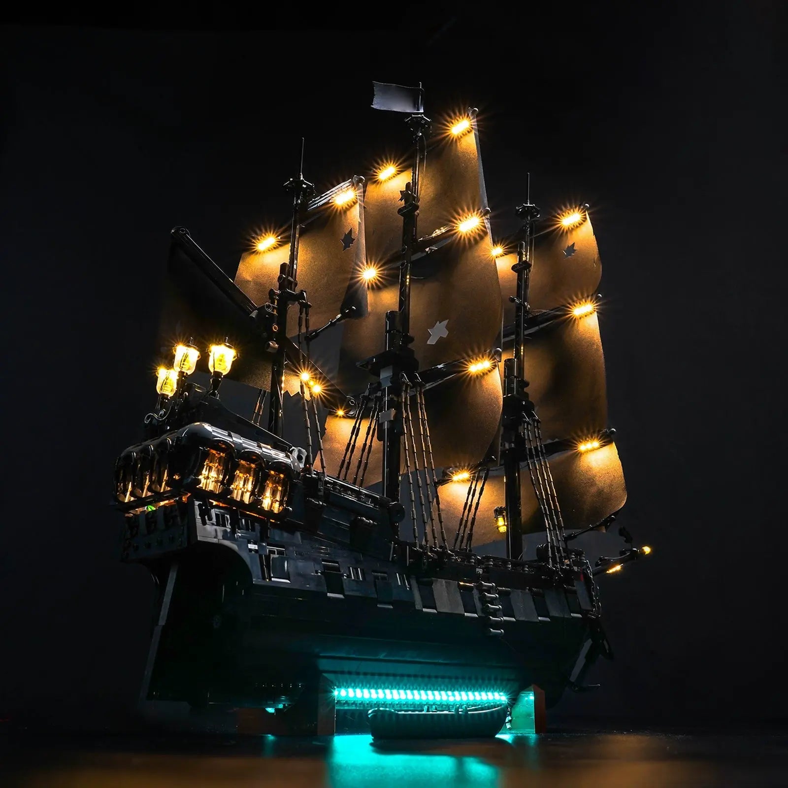 Close-up of LED lights on LEGO Icons Captain Jack Sparrow's Pirate Ship #10365