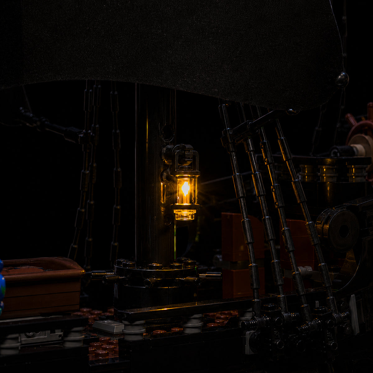DIY LED light kit for LEGO® Icons Captain Jack Sparrow's Pirate Ship #10365, fully illuminated on display