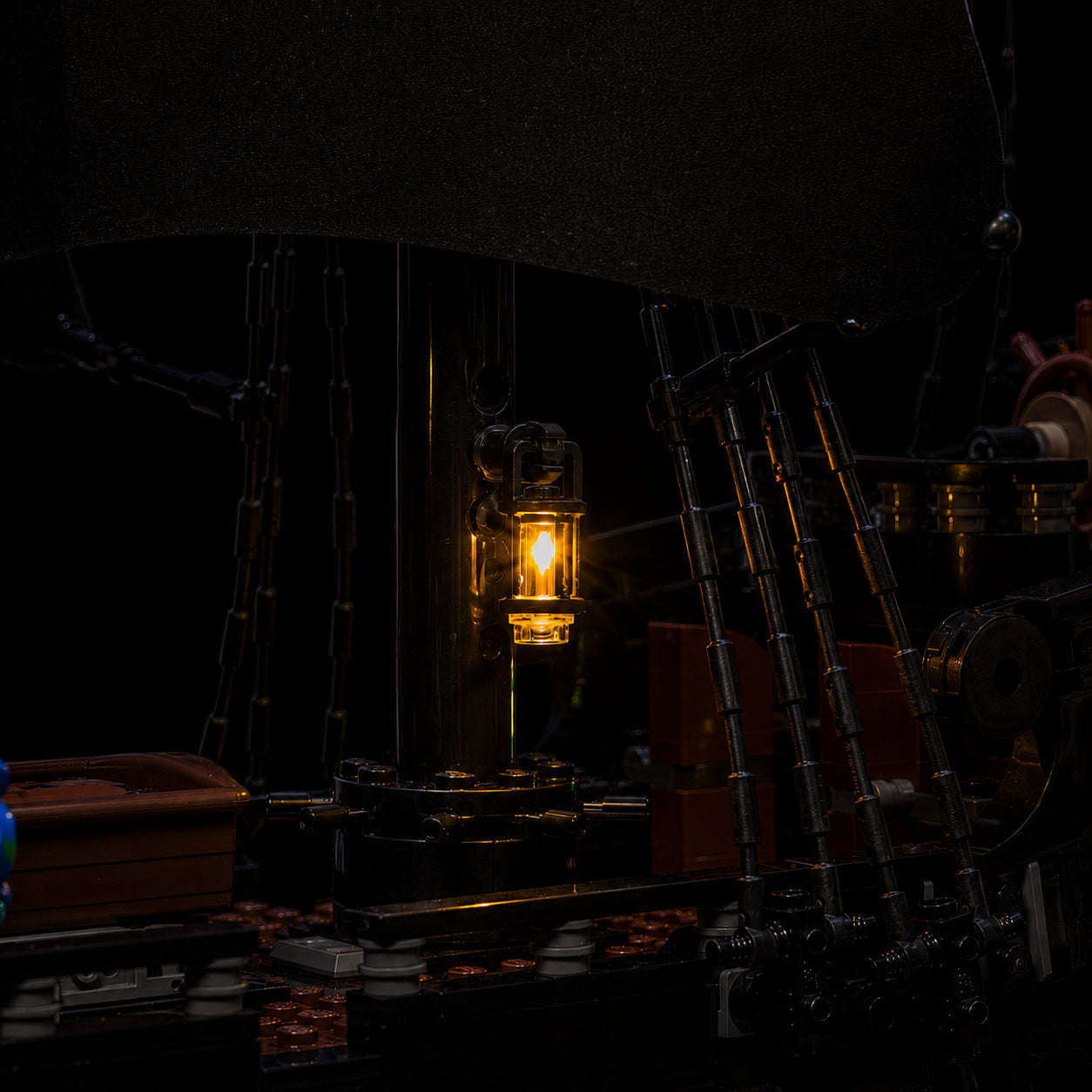 DIY LED light kit for LEGO® Icons Captain Jack Sparrow's Pirate Ship #10365, fully illuminated on display