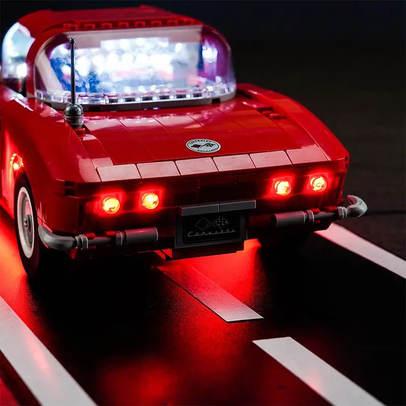 LEGO® Icons Chevrolet Corvette #10321 LED kit powered on, with the light kit