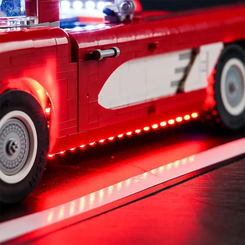 LEGO Icons Chevrolet Corvette #10321 illuminated at night