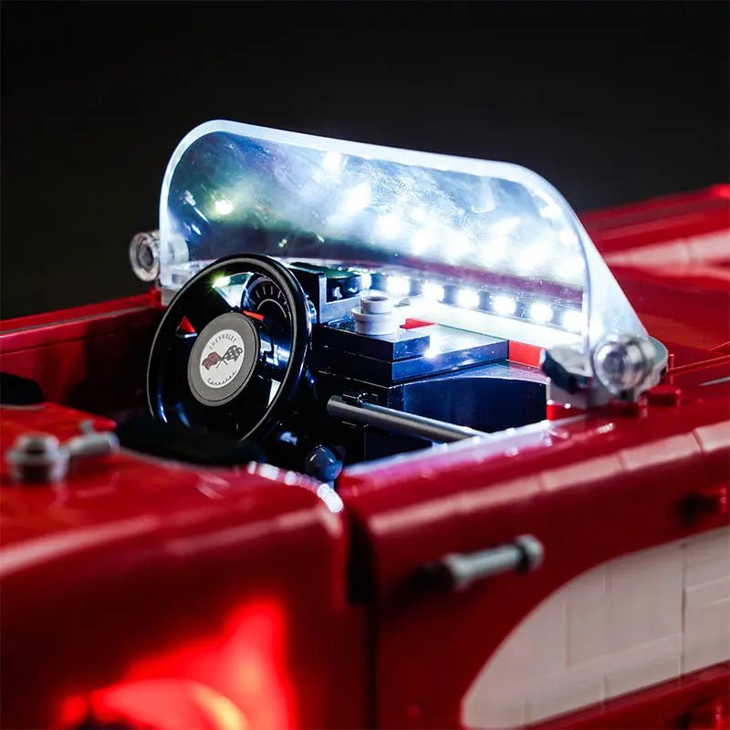 Close-up of LED lights on LEGO Icons Chevrolet Corvette #10321