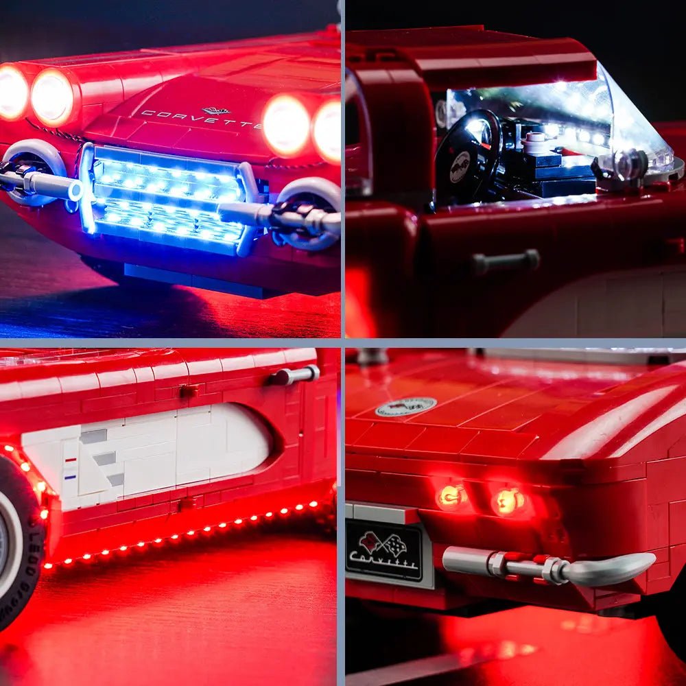 Bright My Bricks LED lights for LEGO® Icons Chevrolet Corvette #10321 — fully illuminated on display