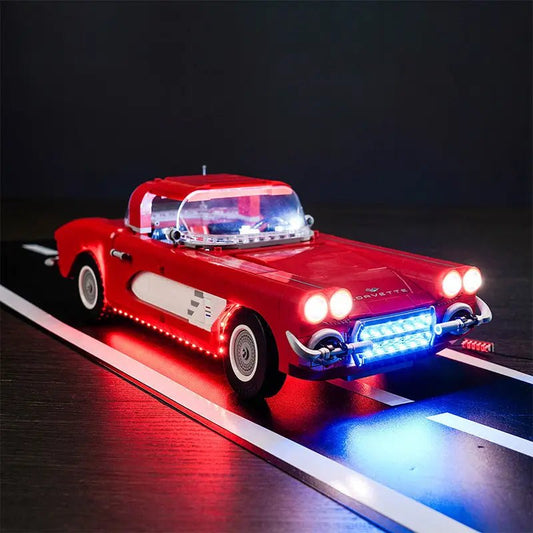 side angle with lights on: Bright My Bricks display light kit for LEGO® Icons Chevrolet Corvette #10321