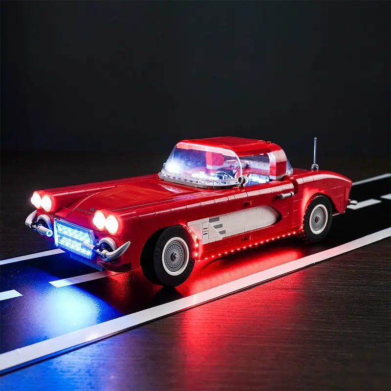 LEGO® Icons Chevrolet Corvette #10321 display lighting in a dark room, with the display light kit