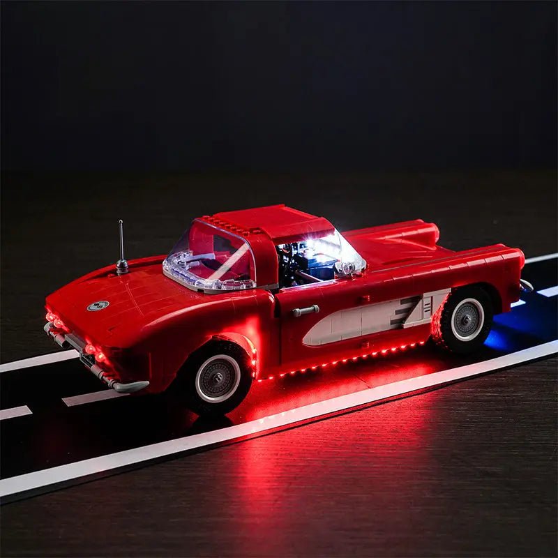 LEGO® Icons Chevrolet Corvette #10321 — fully illuminated on display (light kit)