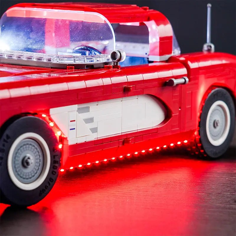 Bright My Bricks DIY LED light kit for LEGO® Icons Chevrolet Corvette #10321 — fully illuminated on display