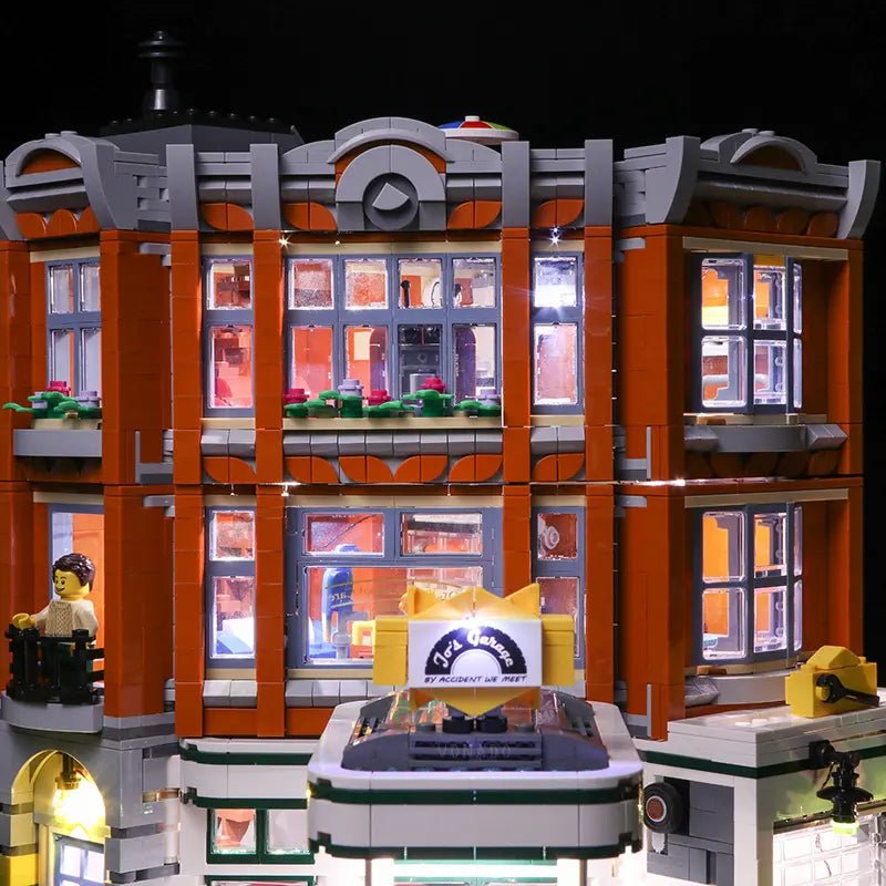 LED kit powered on: Bright My Bricks USB-powered LED light kit for LEGO® Icons Corner Garage #10264