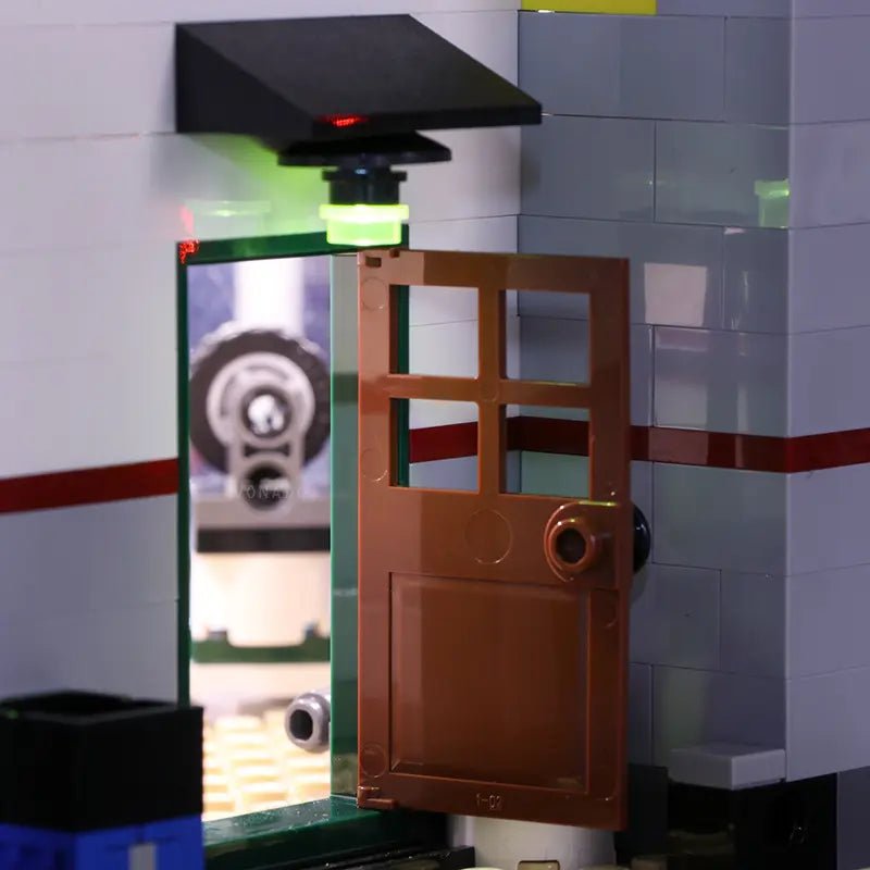 LED lights for LEGO® Icons Corner Garage #10264, fully illuminated on display