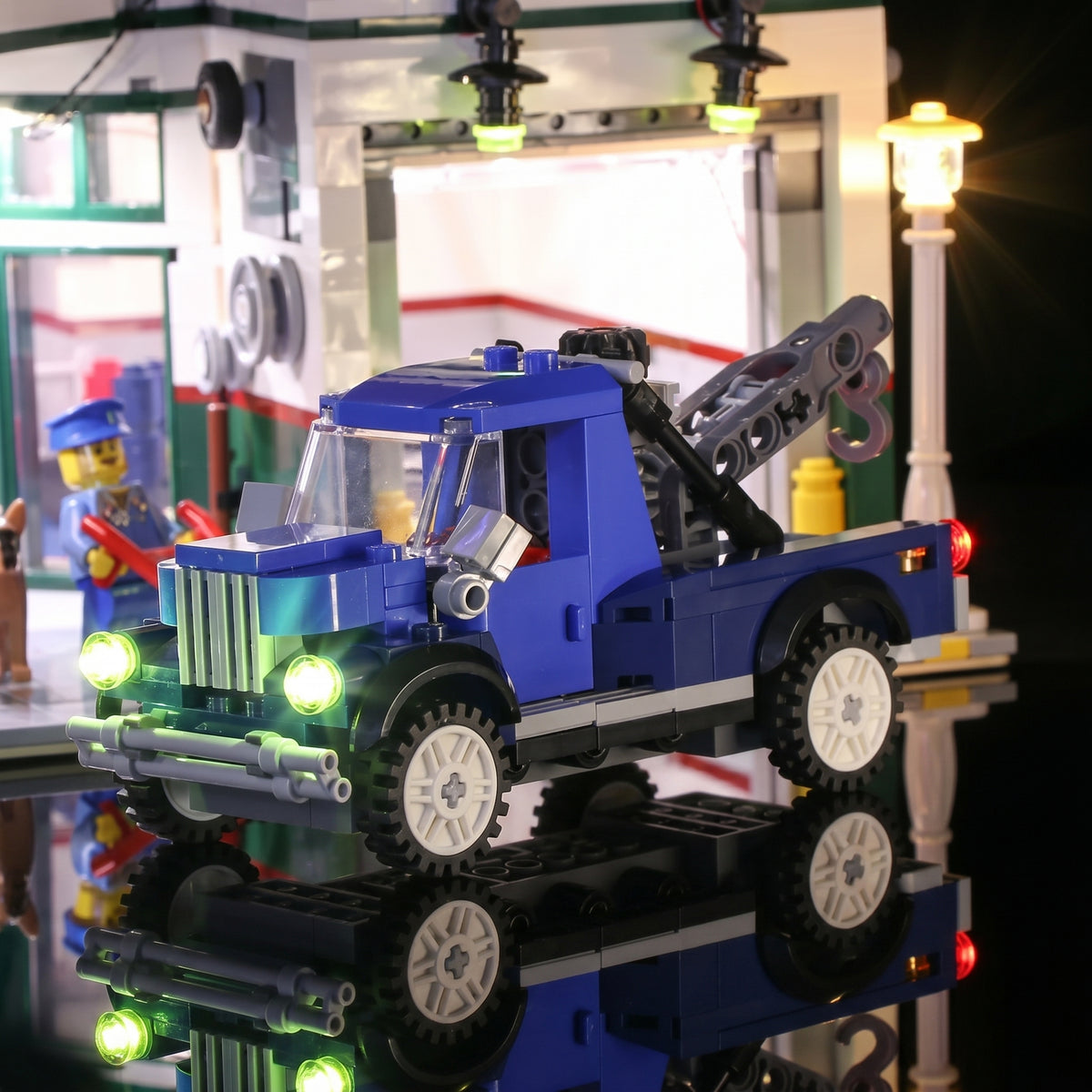 LEGO® Icons Corner Garage #10264 LED strips and bricks detail, with the display light kit