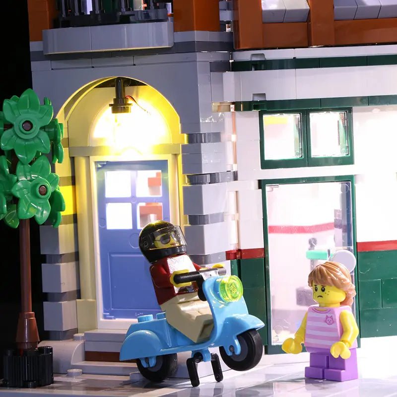 brightened interior detail: Bright My Bricks custom LED lighting for LEGO® Icons Corner Garage #10264