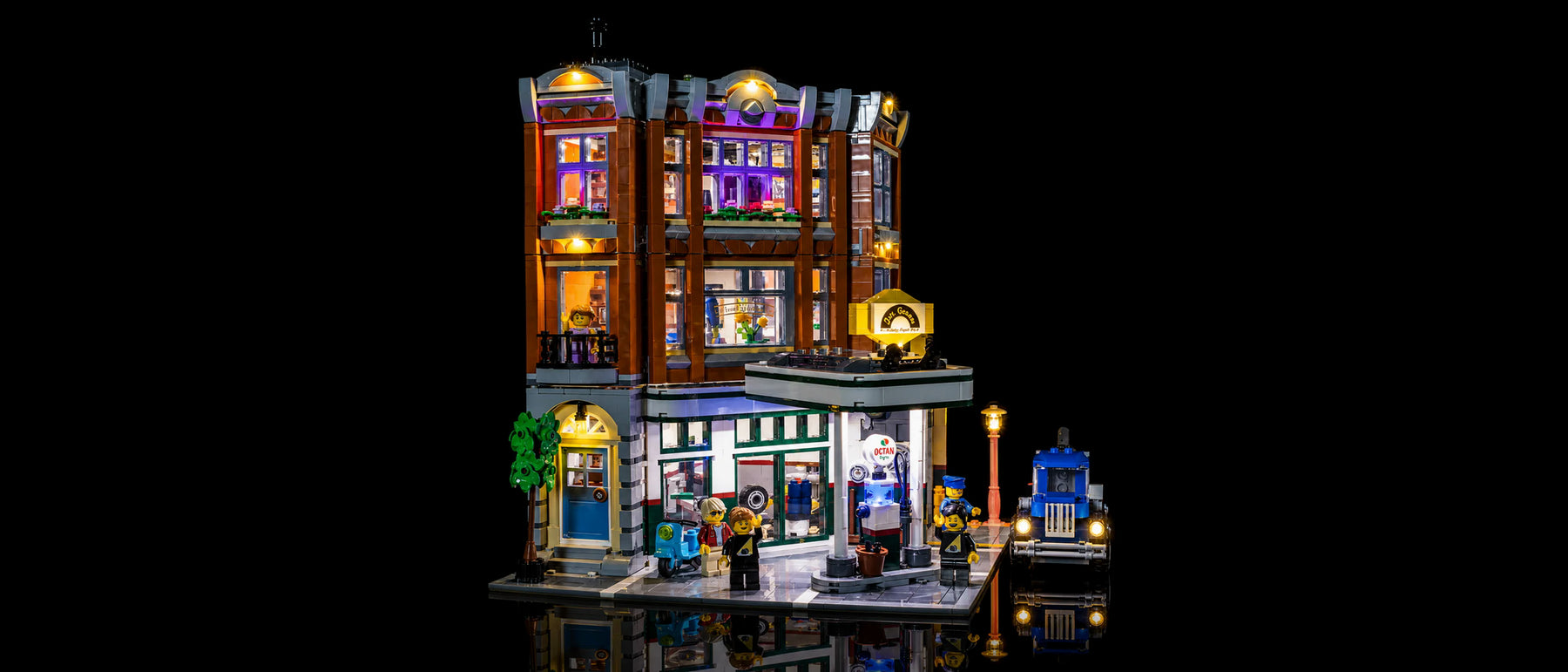 Light Kit for LEGO® Icons Corner Garage #10264 — lit with the LED light kit