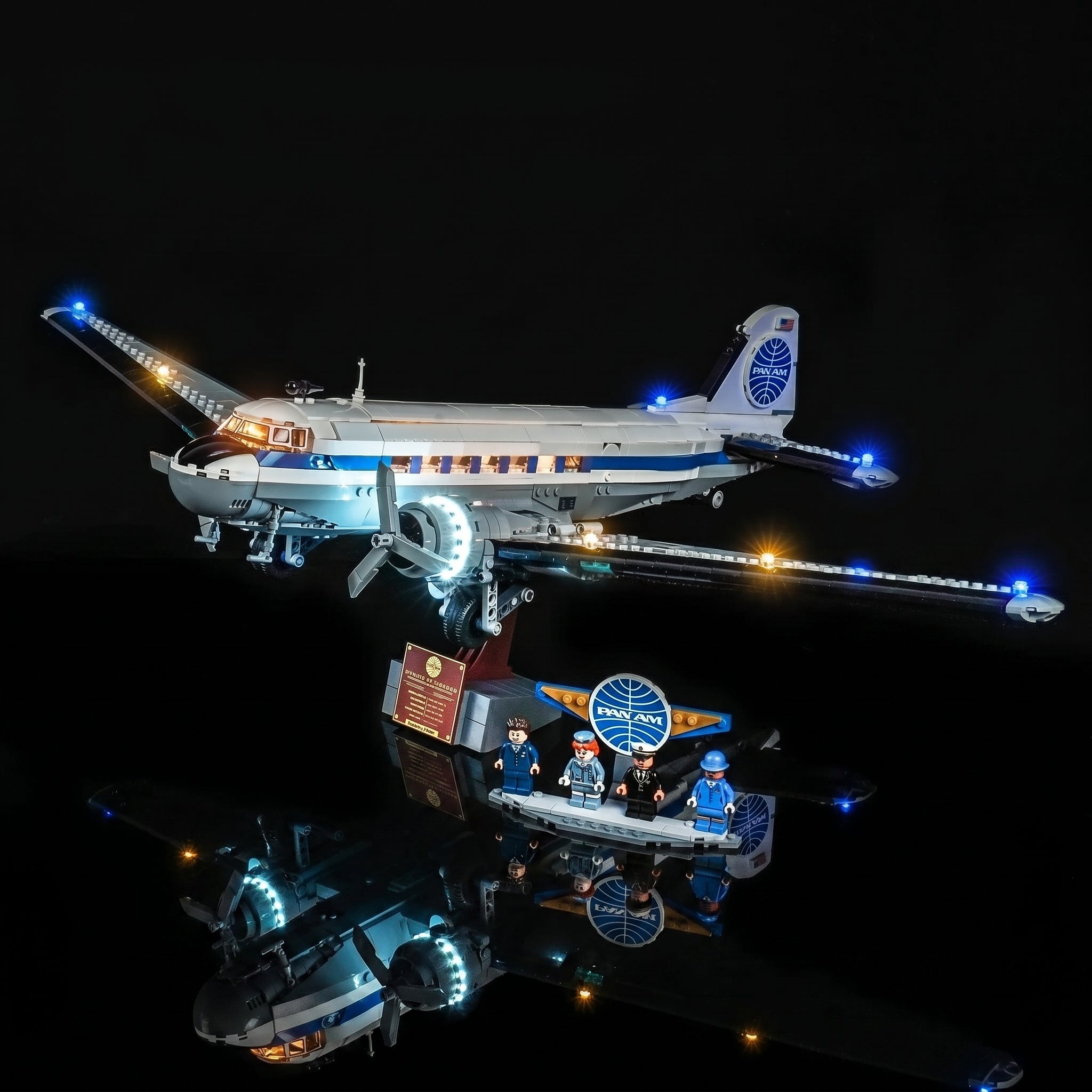 premium LED light kit for LEGO® Icons Douglas DC-3 PAN AM Airliner #11378, showcase lighting view