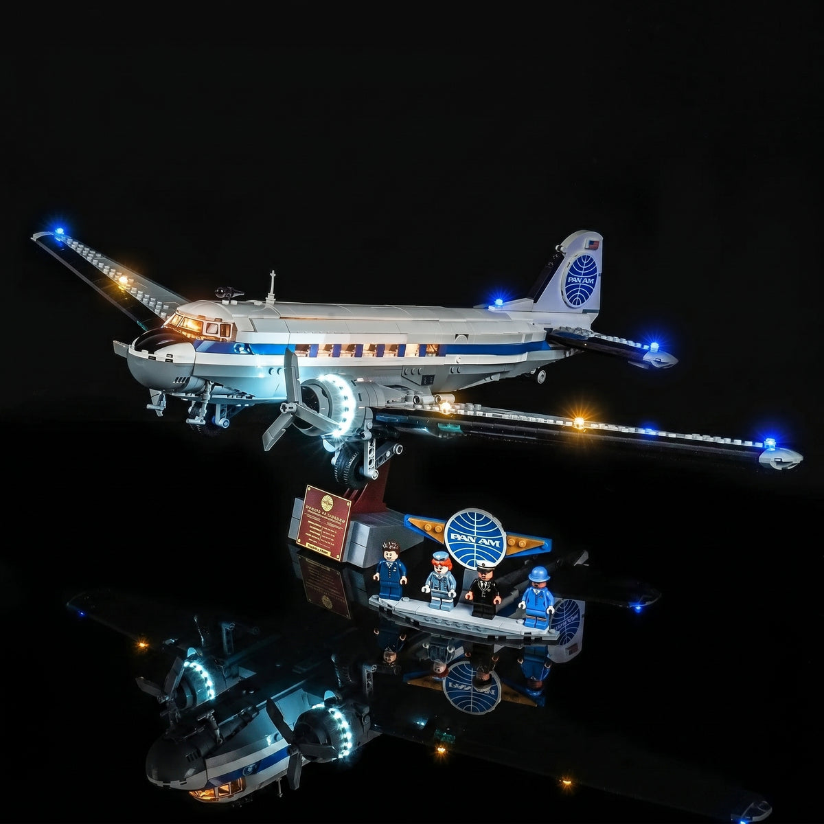premium LED light kit for LEGO® Icons Douglas DC-3 PAN AM Airliner #11378, showcase lighting view