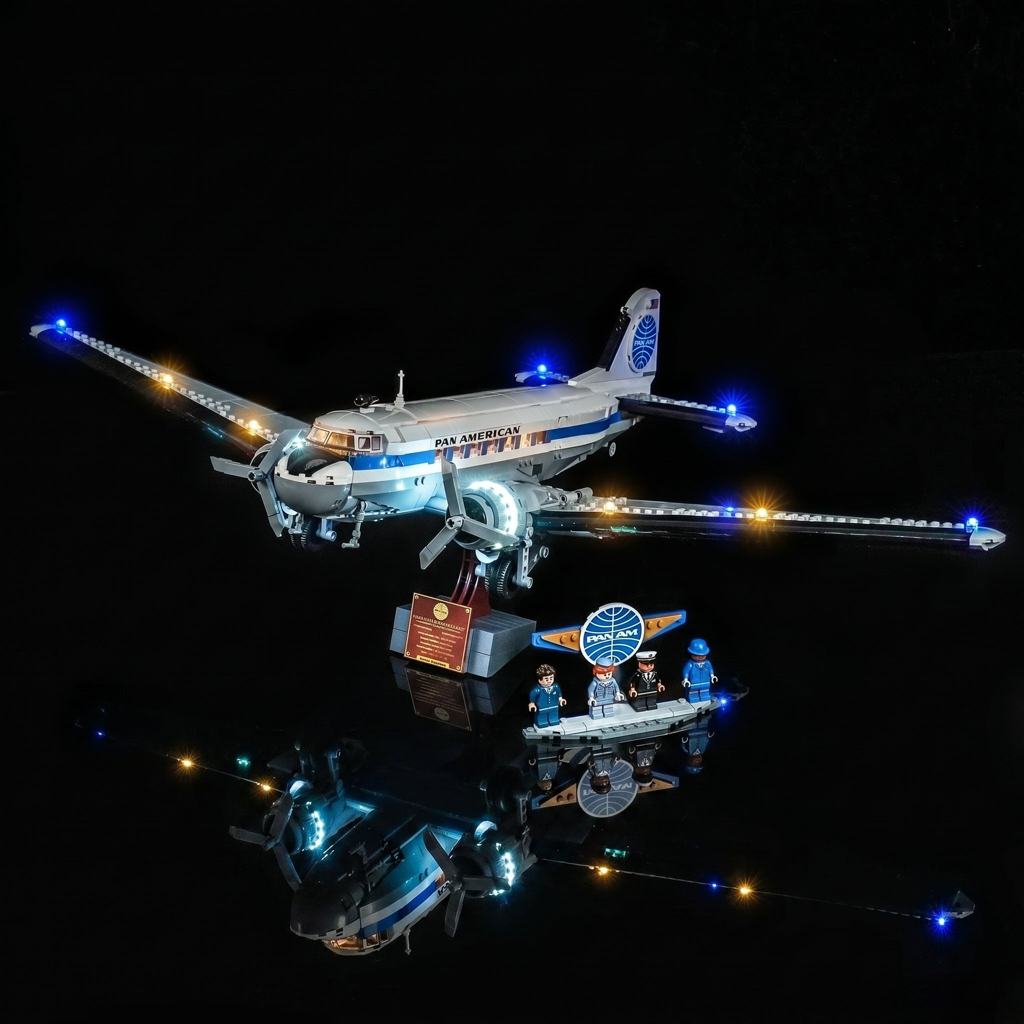 lighting effect on the build: Bright My Bricks custom LED lighting for LEGO® Icons Douglas DC-3 PAN AM Airliner #11378