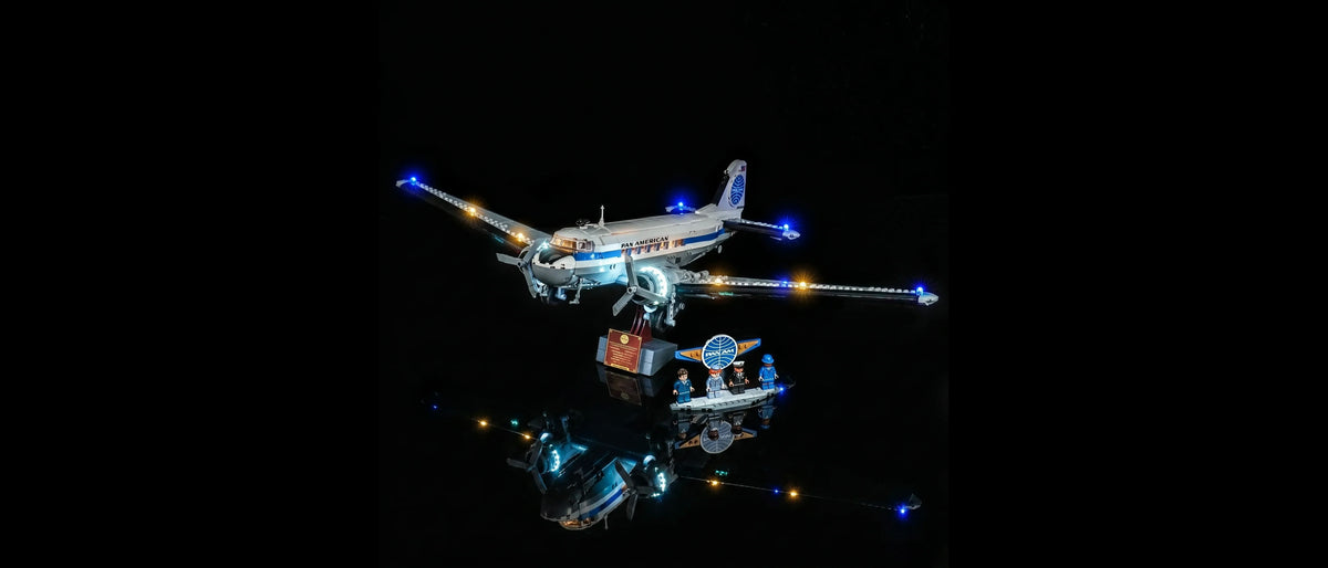 Light Kit for LEGO® Icons Douglas DC-3 PAN AM Airliner #11378 — lit with the LED light kit