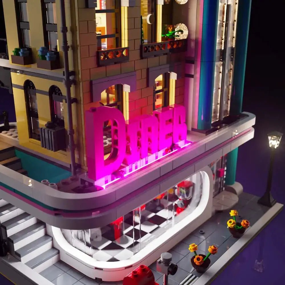 LEGO Icons Downtown Diner #10260 lit up - front angle